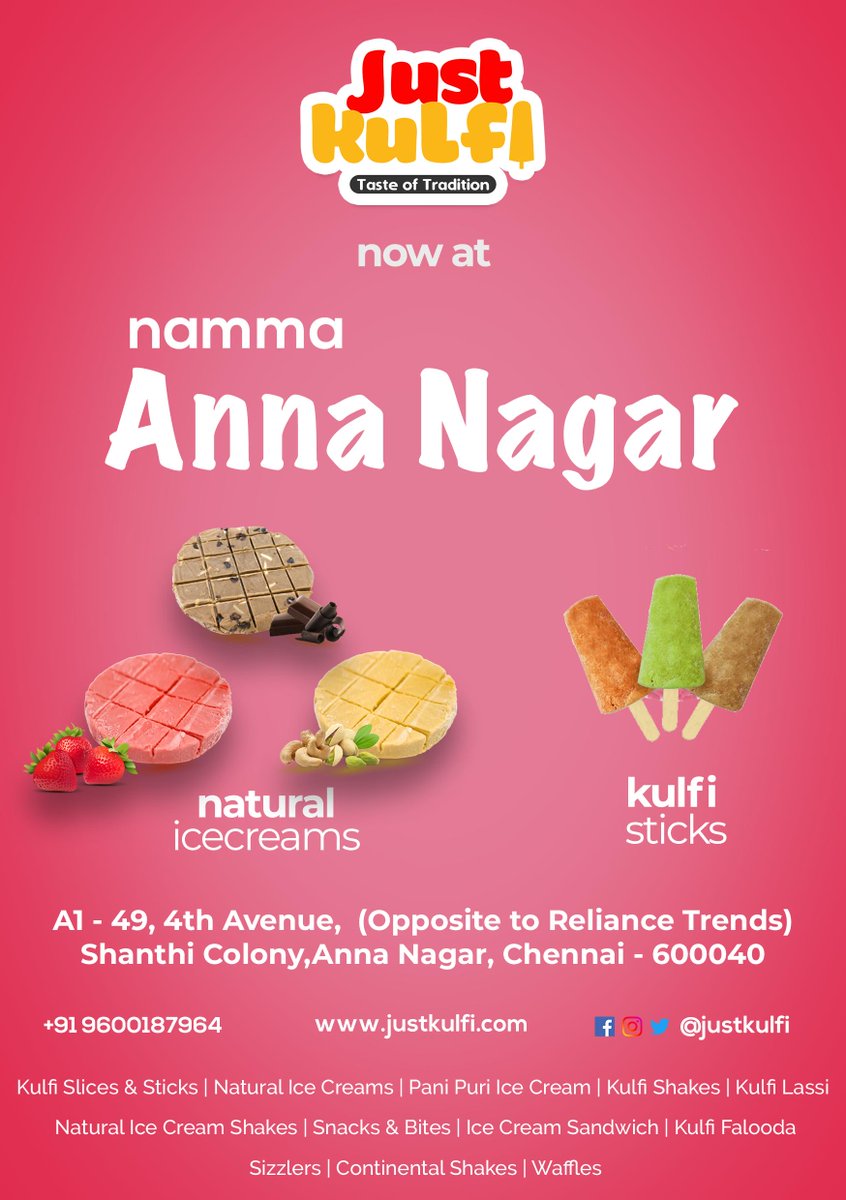 justkulfi's tweet photo. Treat yourself this weekend at Just Kulfi's Anna Nagar outlet with scrumptious Kulfis and Natural Ice Creams!

#JustKulfi #AnnaNagar #IceCreams #Kulfis #WeekendVibes https://t.co/W5wouYRjsB
