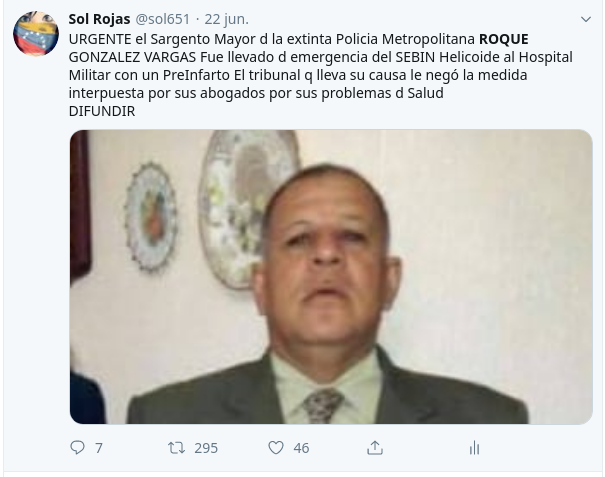 Sol651's tweet photo. URGENTE Dejan morir sin asistencia medica en el SEBIN Helicoide al Sgto de la Extinta PM ROQUE GONZALEZ VARGAS quien como lo denuncie sufrió pre-infarto, llevado al Hospital Militar y en malas condiciones devuelto a los calabozos
Sus familiares claman ayuda No lo dejemos morir https://t.co/rBtpp0nMde