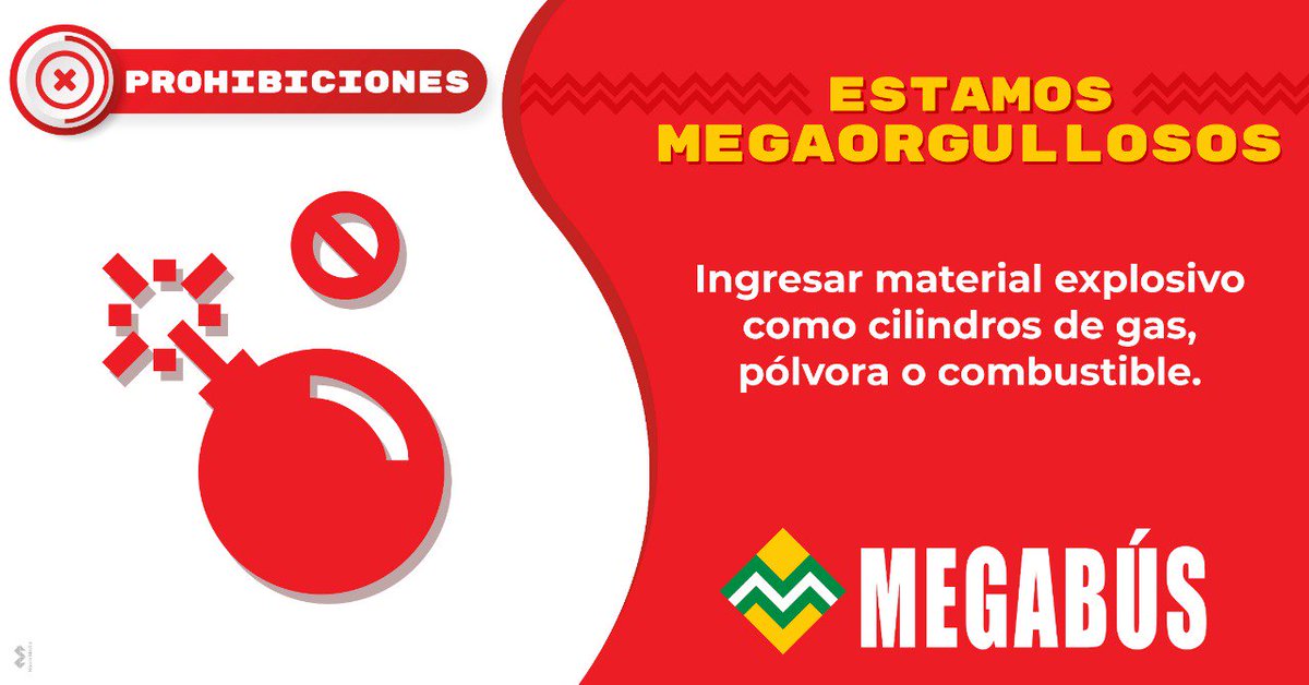 megabusenmarcha's tweet photo. #LaMegaNormaDeHoy En nuestro Sistema Megabús estamos #MegaOrgullosos de hacer cumplir estas Normas entre todos. Conoce tus Derechos, Deberes y Prohibiciones establecidos en en Manual Del Usuario.

#LeeLasProhibiciones https://t.co/xMl1Nl53uR