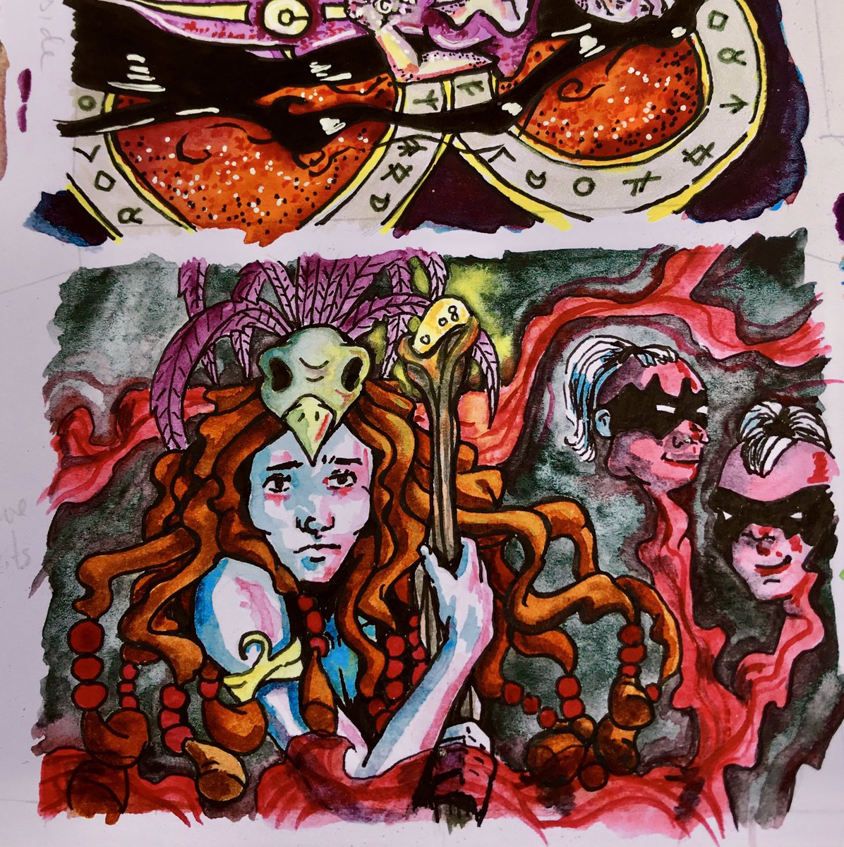 krazysidecomics's tweet photo. ‘Guardian Spirits’, Card three for #atcitupwithfriends theme spell casters.
.
.
.
#storyart #illustration #storytelling #art #painting #watercolor #shaman #shamanism #spirits #smallart #spells #spellcasting #spellcaster #shinypaint #glitterpaint #arttradingcard #fantasy https://t.co/ilJnvSrmV0