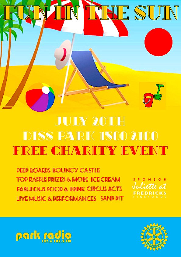 This Sat 20th July I'm performing at <a href="/parkradiodiss/">Park Radio</a>' Fun in the Sun, a FREE charity event with live music &amp; family-friendly activities. Profits will be shared between <a href="/samaritans/">Samaritans</a> &amp; <a href="/PancreaticCanUK/">Pancreatic Cancer UK</a>. It starts at 3pm, I'm on at 6.15pm! <a href="/Diss_Express/">Diss Express</a> dissexpress.co.uk/news/beach-par… 🌞🎤🎶