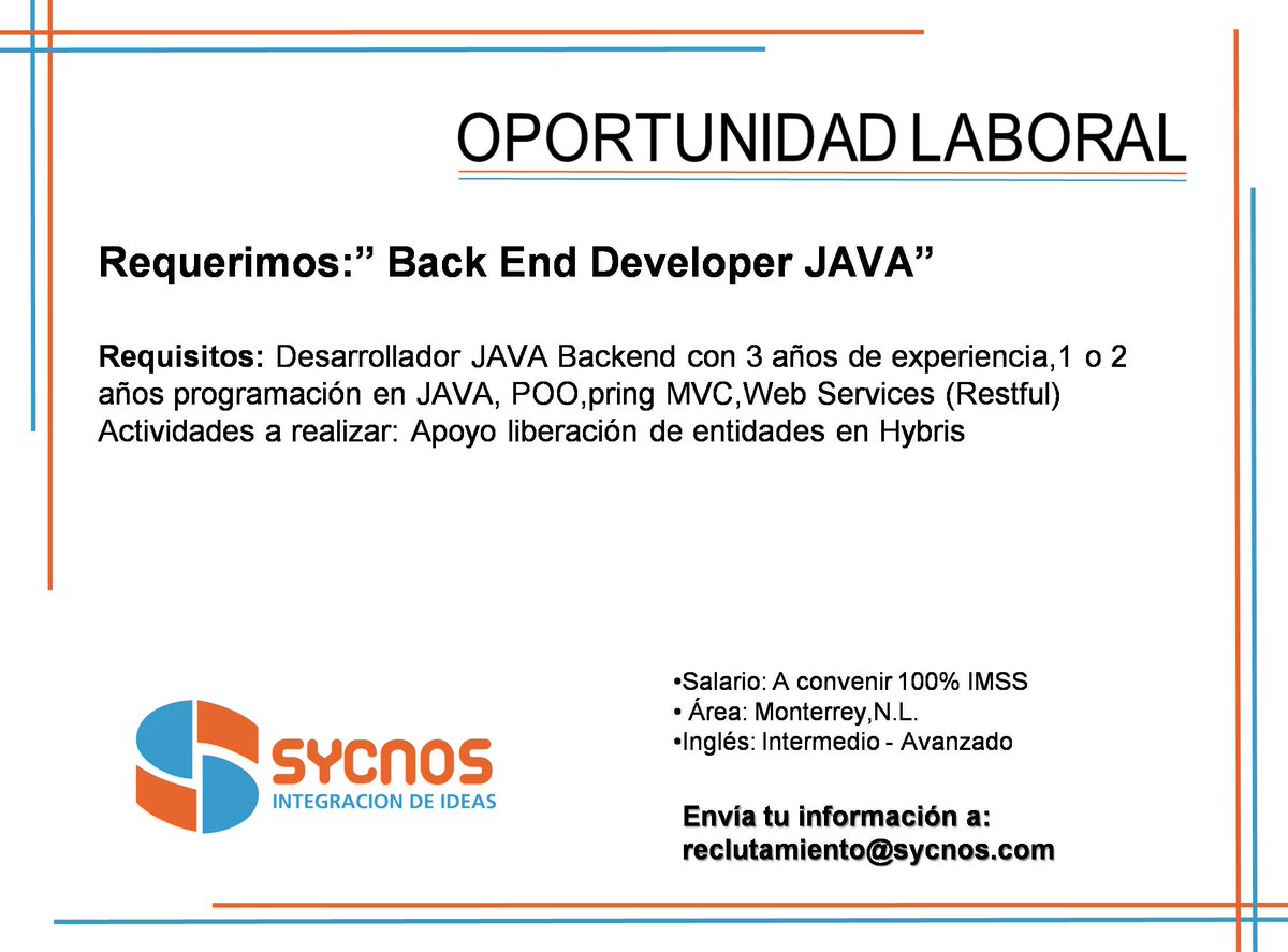 sycnos's tweet image. SYCNOS te desea un #FelizSábado Únete a nuestro equipo de trabajo manda tu CV a reclutamiento@sycnos.com no dejes pasar esta oportunidad.
#BackEnd
#DeveloperJava