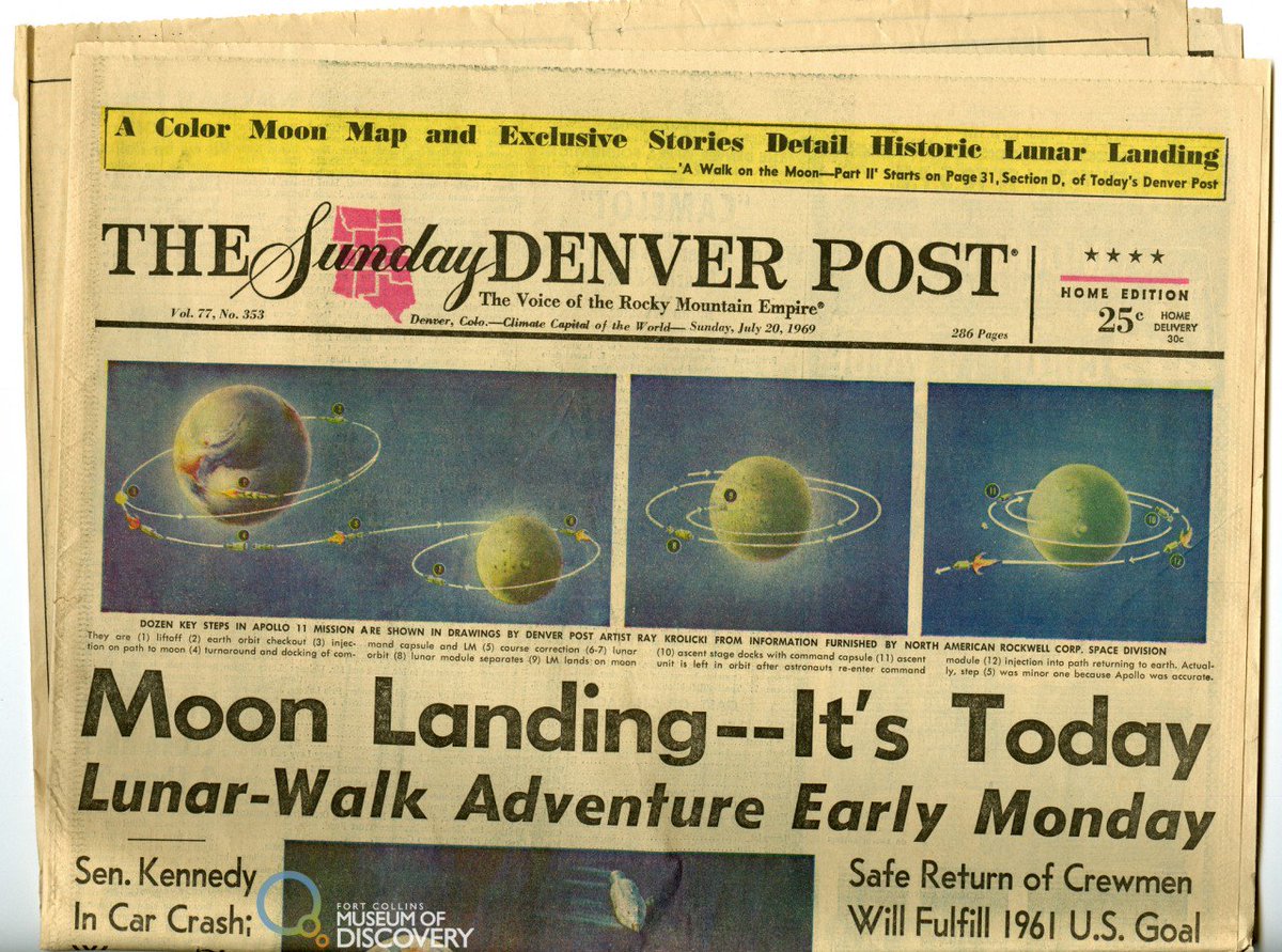 focomod's tweet photo. "Moon Landing--It's Today"
This newspaper headline from the @denverpost 50 years ago tells it like it is. #MoonMonth #Apollo50 https://t.co/bpdMnFcNsB