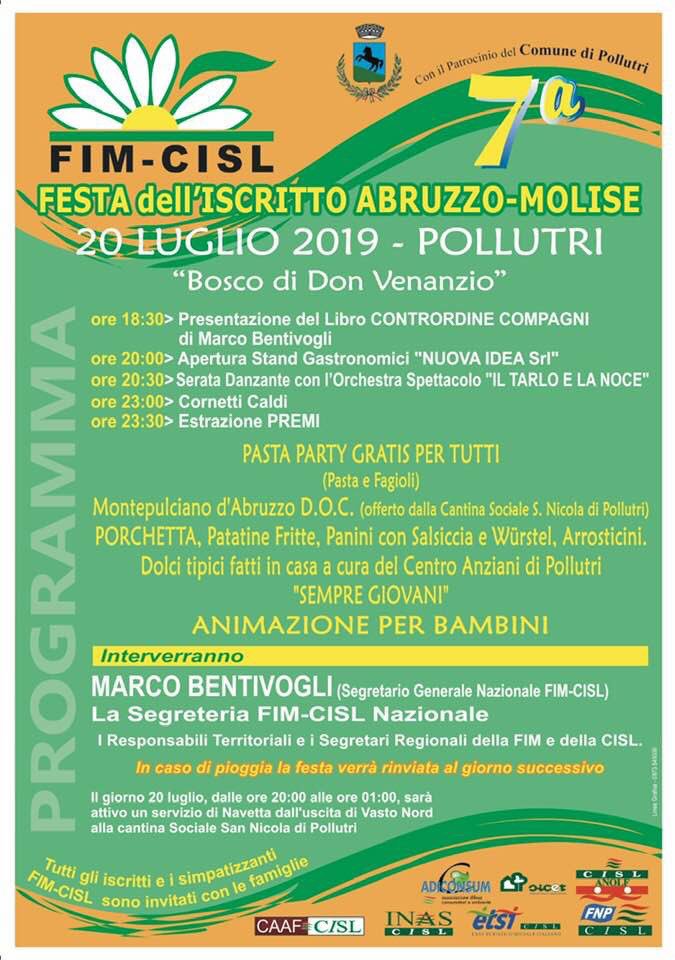 FIMCislStampa's tweet photo. questa sera #20luglio 
 a #Pollutri 

👉🏽 #FESTAFIM #ABRUZZOMOLISE parteciperà il segretario generale #FimCisl #Bentivogli https://t.co/2sa0M2Wph0