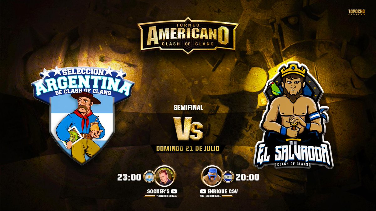 ¡SEMIFINALES en <a href="/TAMERICANOCOC/">TORNEO AMERICANO DE CLASH OF CLANS</a>!

🤼‍♂️ <a href="/SelecElSalvador/">Selección Salvadoreña de CoC</a> 🇸🇻 vs <a href="/sel_ArgentinaOk/">Sel. Argentina de Clash of Clans</a> 🇦🇷 
🗓️ Domingo 21 de Julio de 2019 
📺 ¡EN VIVO! a través de mi canal: goo.gl/kQnqHc   
⏰ 8pm hora de El Salvador

¡EL CLÁSICO ENFRENTAMIENTO EN TORNEOS OFICIALES! ¡LOS ESPERO! 😎