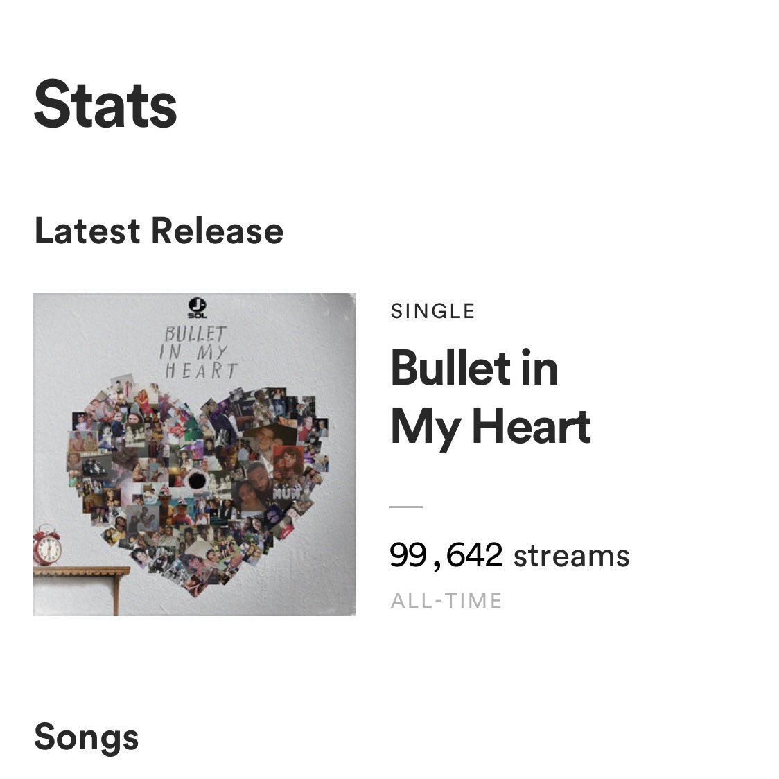 JSoLworld's tweet photo. #BulletInMyHeart is 400 streams away on @SpotifyUK from hitting 100,000 streams. WOW!! Thank you kings & queens ๐ https://t.co/QxQmjaL60g