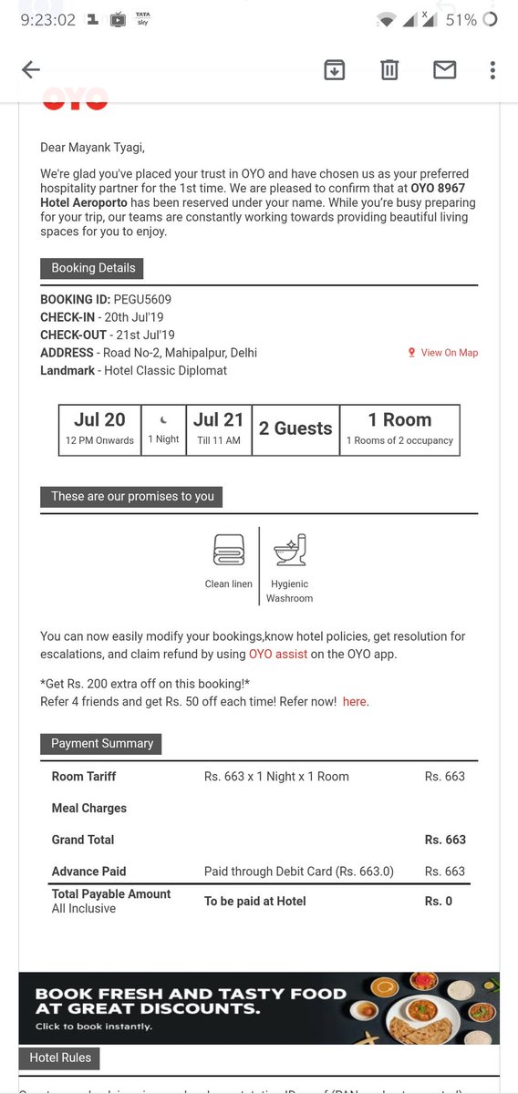 visiontoeat's tweet photo. @oyorooms @riteshagar  see The duration of hold hotel people are asking me 400 more than what I have already pre paid bcoz their tarrif is high, settle it with them. Also I added 2 guest dinner meal for 367 &amp; they are asking me 780 for it #cancelit &amp; refund 400 to them. PEGU5609 https://t.co/EqC89PtrxM