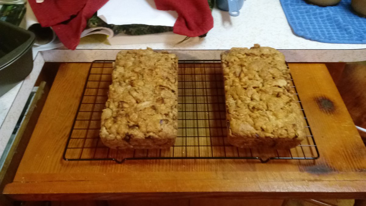 Zimmerchild's tweet image. Two loaves of apple bread I made last night. #applebread #homemade #homesteading