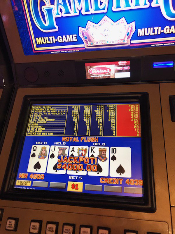 BinionsLV's tweet photo. Call an attendant!! Binion’s is giving away the dough! A #luckylocal decided to try their luck playing a $1 #DoubleDoubleBonus #VideoPoker machine. They held the Q,K,J of spades and were dealt the Royal whew…what a win!! https://t.co/QQ1Tvci32G
