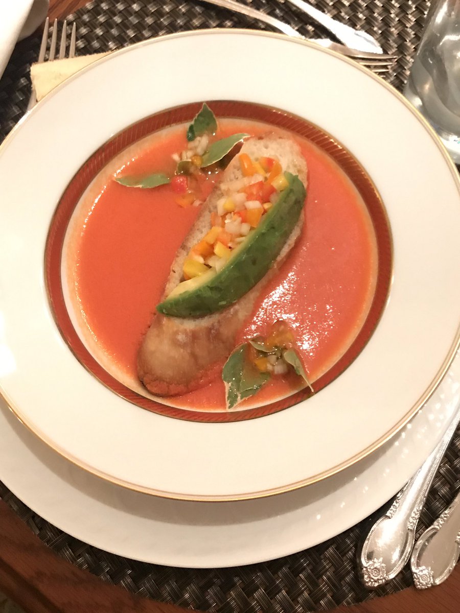 Especially on a very hot day, some cold tomato soup with avocado over crispy bread is so delicious.
