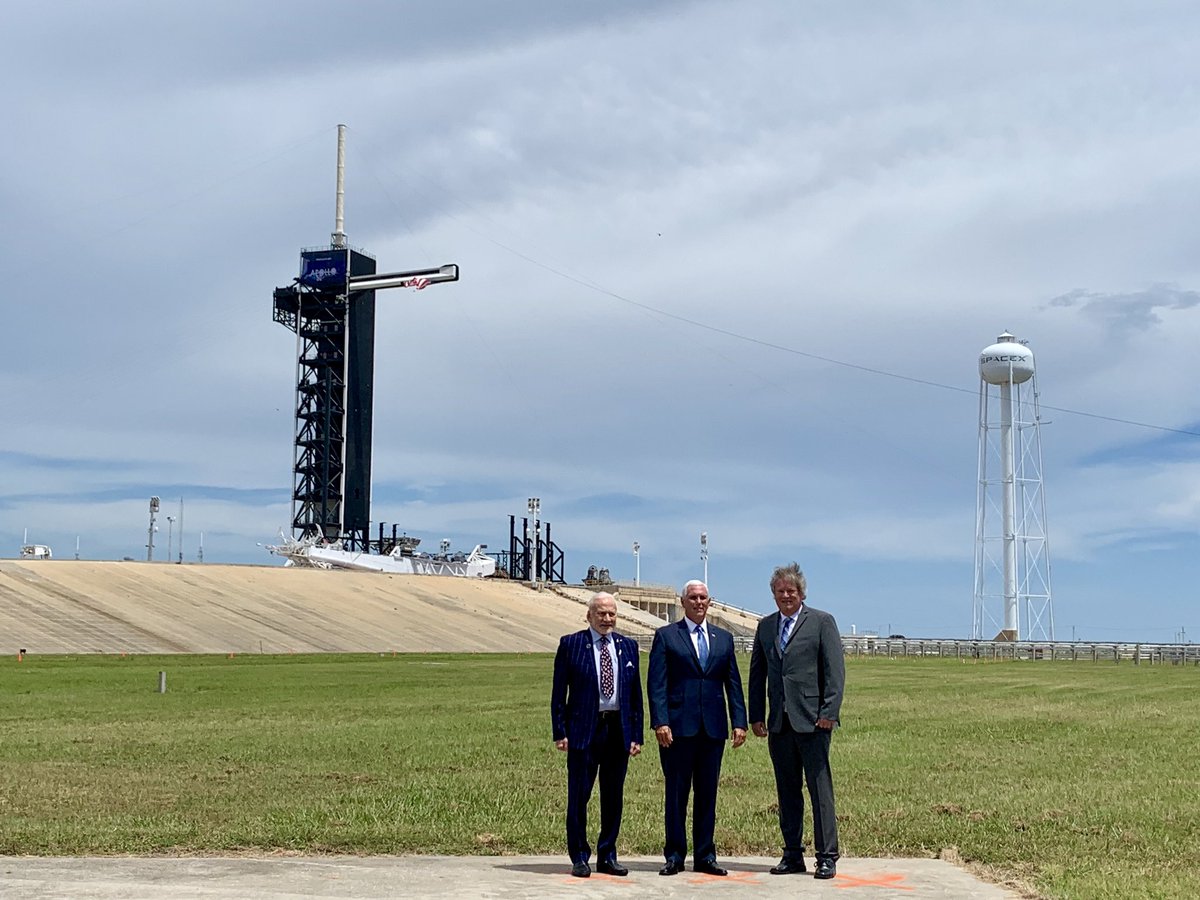VP45's tweet image. Stopped by the launch pad of the Apollo 11 with @TheRealBuzz and Rick Armstrong before heading to the Kennedy Space Center on this historic day for a celebration of the American heroes who stepped foot on the Moon 50 years ago! #Apollo50th