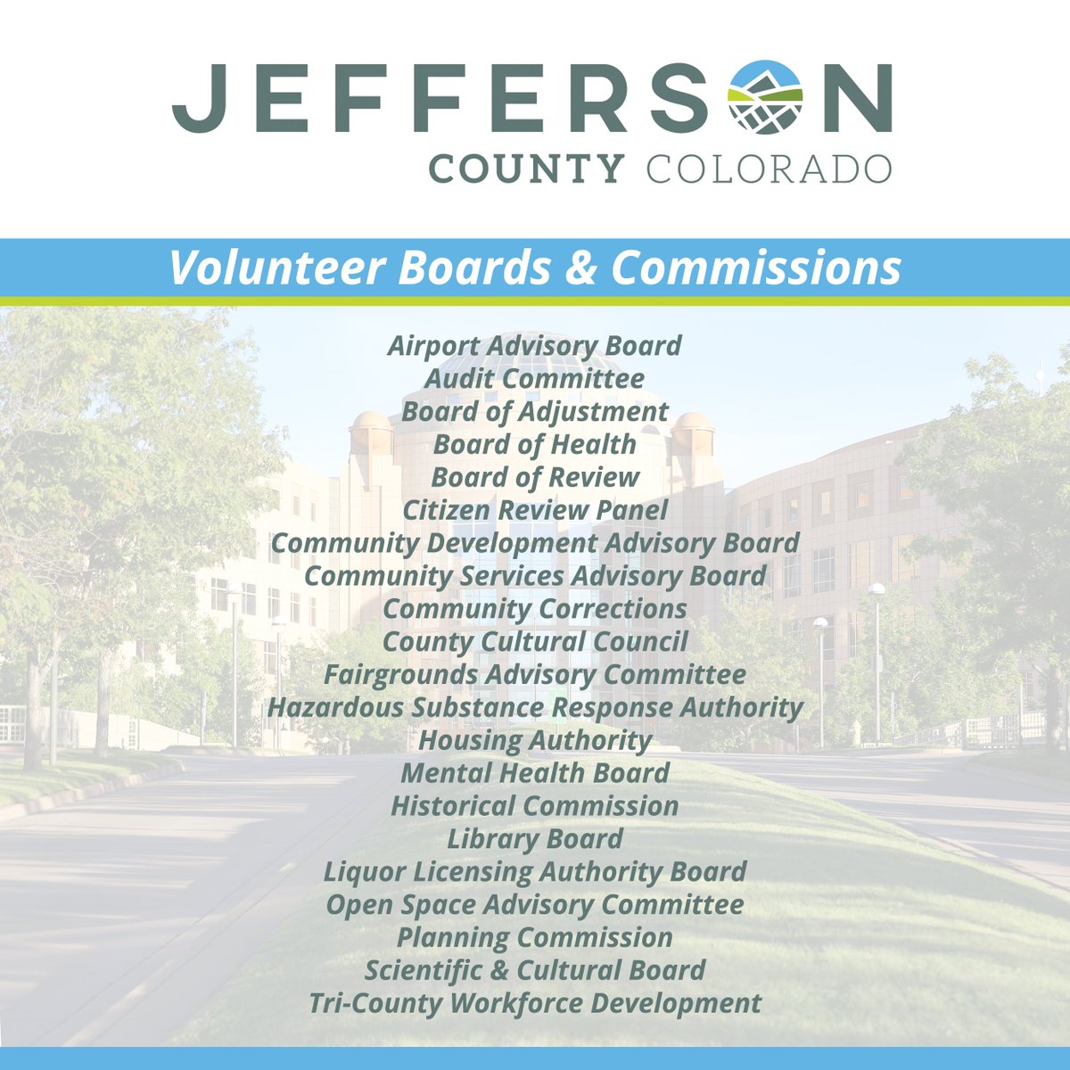 There are 158 days until Christmas 🎄 and 12 days left to apply for Jeffco Boards and Commissions... 😲

We figured that would get your attention. Take advantage of a great opportunity to volunteer and help make a difference in your community! 😎🙌 jeffco.us/2123/Vacancies #Jeffco