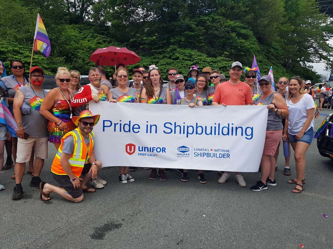 UniforLocal1's tweet photo. Teamwork for Shipbuilding! Proud Shipbuilders bridging Diversity #prideInHalifax #prideparade #pride https://t.co/lHgyhXhd0v