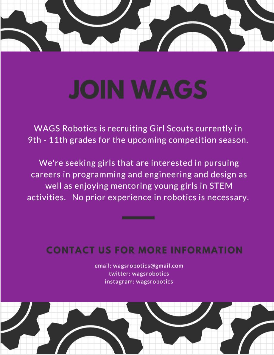 wagsrobotics's tweet image. WAGS is currently recruiting new members for the 2019 - 2020 season.  Email us or fill out the form below for more information on how to join our team.
docs.google.com/forms/d/e/1FAI…