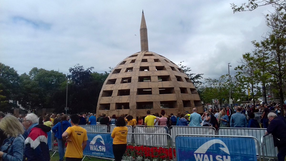 FranceinIreland's tweet photo. The #PeopleBuild by French artist Olivier Grossetête in Eyre Square is in progress! This year's build is the iconic steeple of the Galway Cathedral ⛪️@GalwayIntArts https://t.co/oFLzOZ4gxO