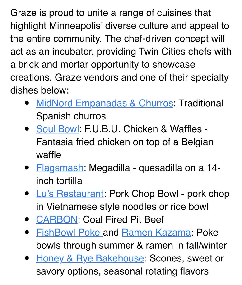 Solid lineup of local vendors coming to <a href="/GrazeNorthLoop/">Graze | Provisions + Libations</a>! @honey_and_rye! <a href="/soulbowlmn/">soulbowlmn</a>! <a href="/LusSandwiches/">Lu's Sandwiches</a>!