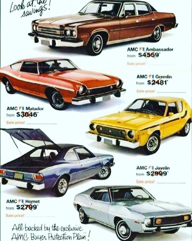 ModernBear's tweet photo. Which one do you want? (Look at those prices!)
#amcjavelin #amccars #gremlincar #bosscar #vintagecars #vintagecar #70scar #retro70s https://t.co/LtYqvNduXp