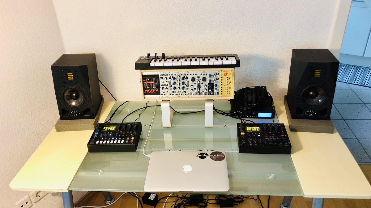 VelvetSystem82's tweet photo. And then I got into my latest setup. I merged my HW desk with my laptop + monitors desk. So I sold the Dominion 1, line mixer, reverb and iConnectMIDI since they didn’t fit my desk and to concentrate on less parts. I also have a Sensel Morph that’s not in the pic. https://t.co/mOQX4bPM9p