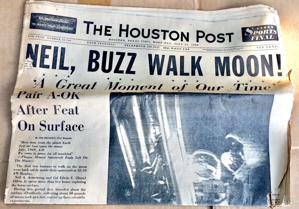 Found this #HoustonPostNewspaper in my family's storage! Happy 50th Anniversary...#Apollo11 #MoonLanding Headlines!  

#nationalmoonday #apollo #apollo50 #apollo50th #apollo11anniversary #apollo1150thanniversary #apollo11mission #luna #lunar #moon #moonlanding50thanniversary