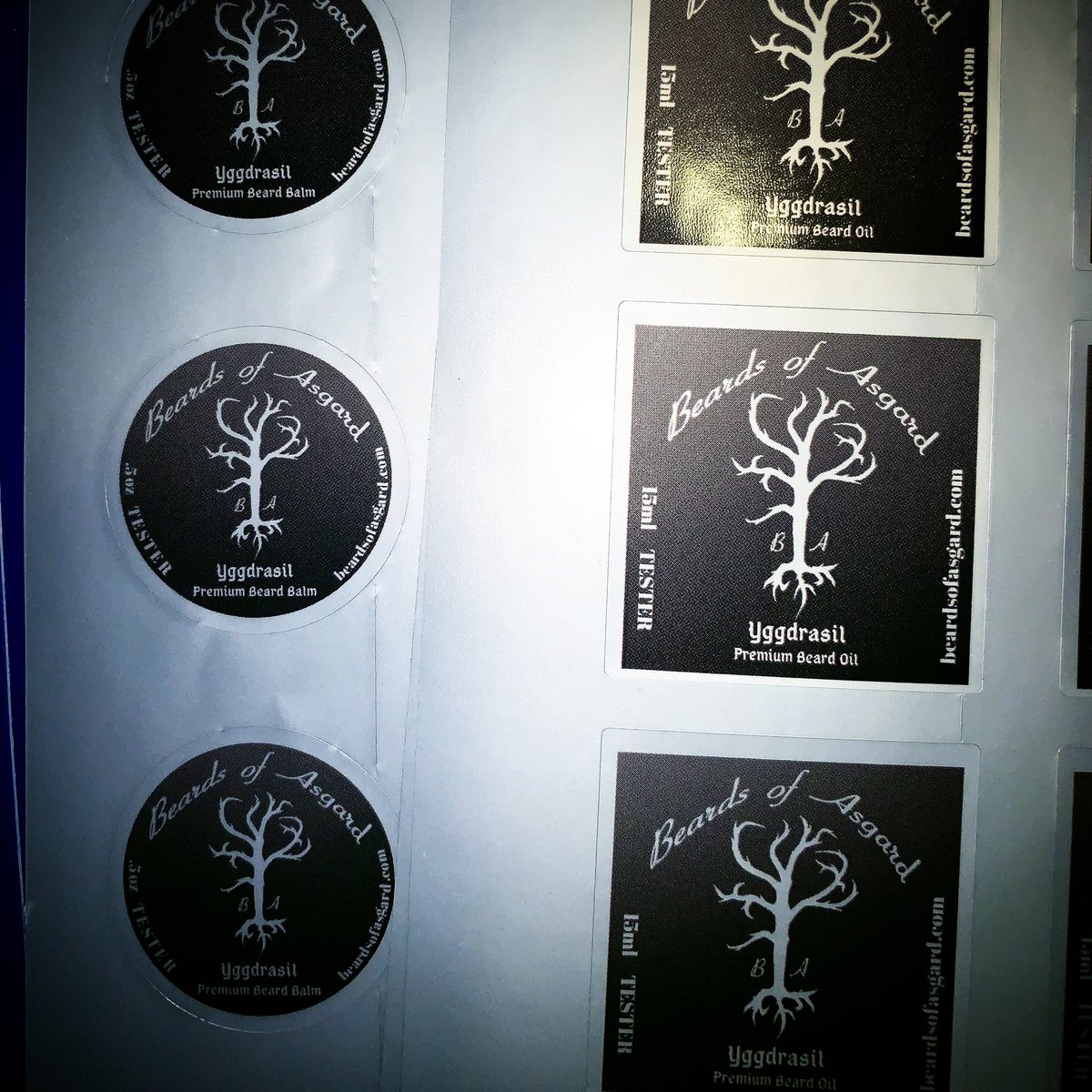 Our Premium Beard Oil &amp; Balm tester labels just arrived! Receive your FREE 15ml Premium Beard Oil tester when we launch by signing up at beardsofasgard.com 

#beardsofasgard #beardlife #beardgang #beardoil #beardbalm #freesamples #viking #vikings #vikingbeard #modernviking