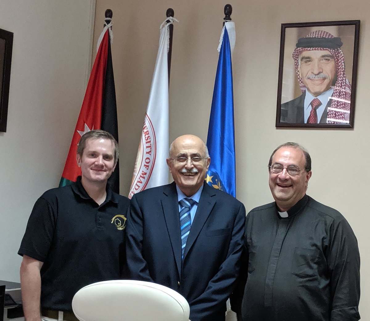MarkCBlair's tweet photo. It was a good day in Jordan.  Fr. Kesicki and I met a good friend and kindred spirit of #GUBotDev Nabil Ayoub President of the American University of Madaba... Some exciting STEM outreach collaborations to come!  Stay tuned! https://t.co/1XRMnSih2L