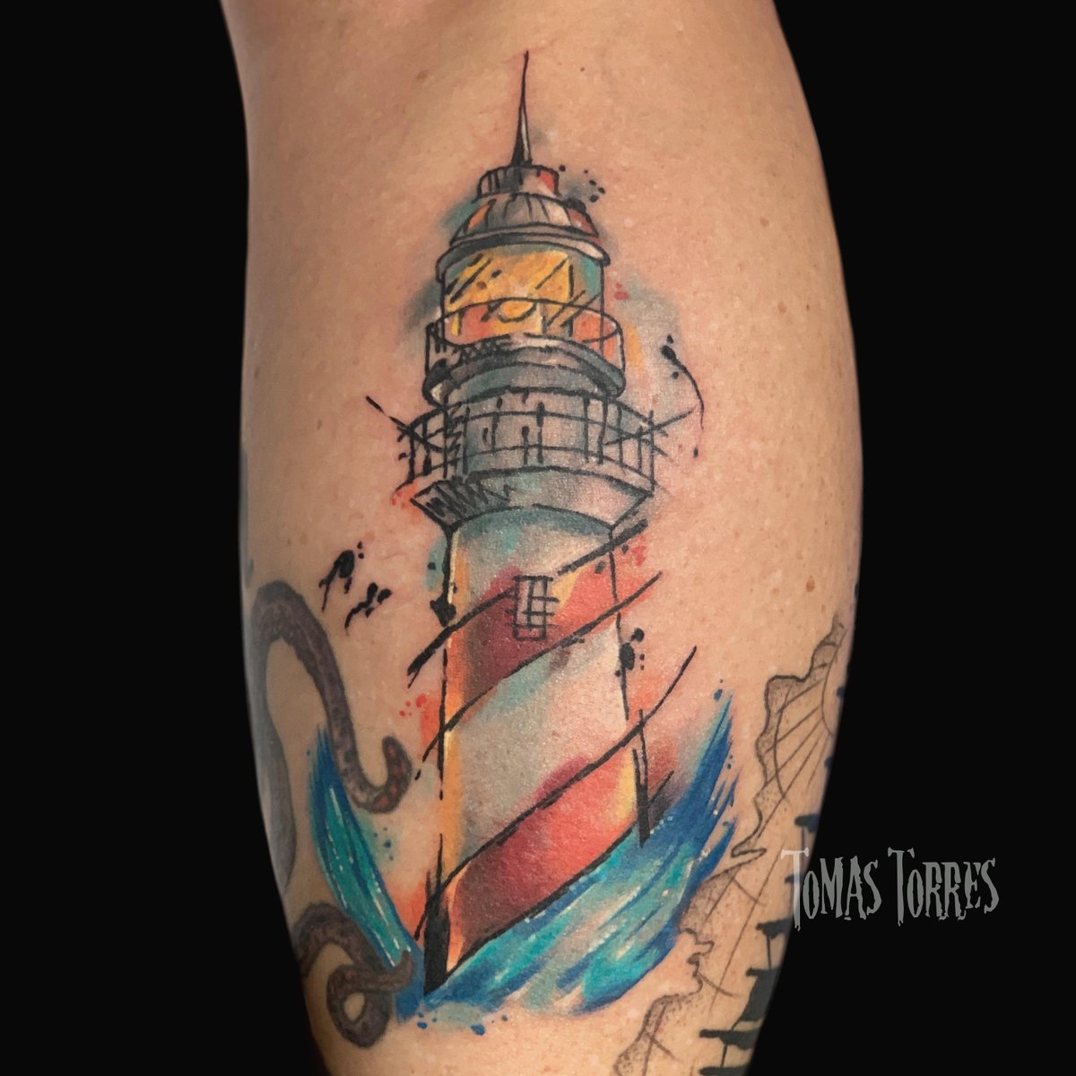 Watercolor lighthouse by Tomas Torres ..#tattoos #jacksonvilletattoos #ink #inktorres #jaxtattoos #watercolor #florida
