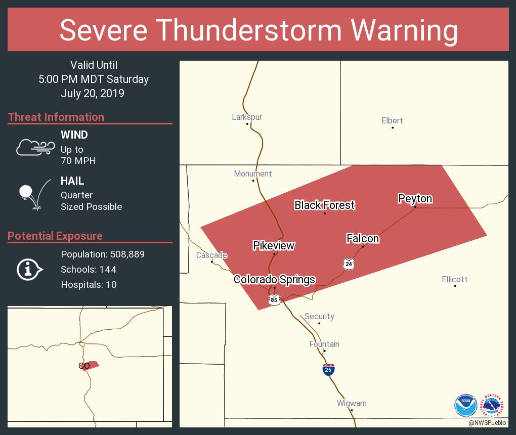 NWSPueblo's tweet image. Severe Thunderstorm Warning including Colorado Springs CO, Black Forest CO, Peyton CO until 5:00 PM MDT