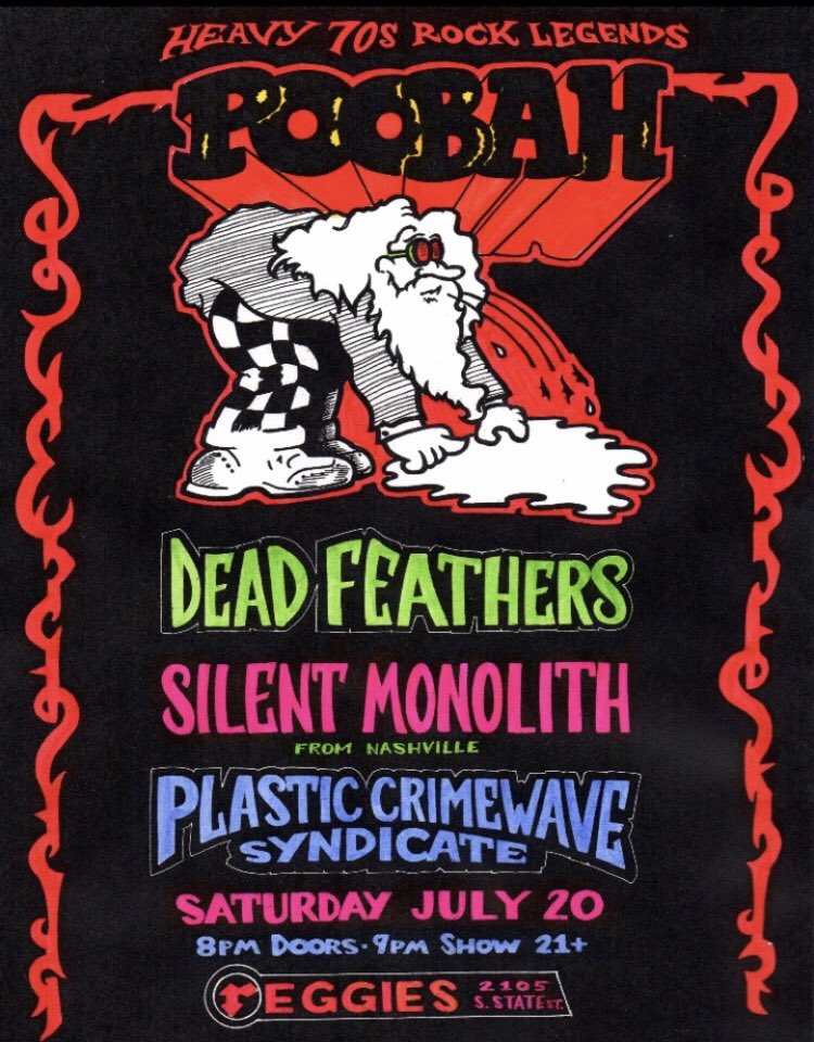 OhHeyImTim's tweet photo. 👁TONIGHT IN CHICAGO👁 I’ll be playing with Dead Feathers, supporting 70’s rock legends @poobahband, at @reggieslive! Our buddies Plastic Crimewave Syndicate will be opening, doors are at 8! Poster by Steve Krakow #poobahband #deadfeathers #silentmonolith #plasticcrimewave https://t.co/k2s5TkKiel