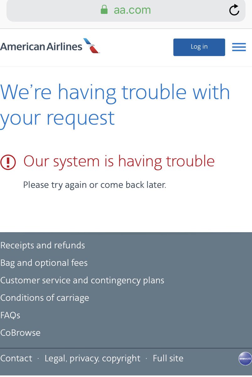 funnyl3unni's tweet photo. @AmericanAir been trying to retrieve my mobile boarding pass for like two hours now and keep getting this 🤷‍♀️ shm https://t.co/bsyrX8MpBg
