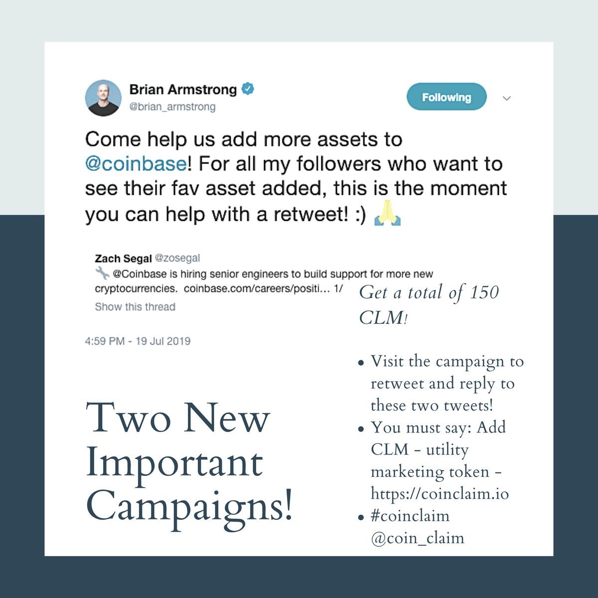 Two new campaigns just went live! You can get 150 CLM total if you complete all steps for each campaign! All retweets and replies must include the statement provided in the campaign description. LINK TO CAMPAIGNS: buff.ly/2LxyVUZ buff.ly/2SwEt30