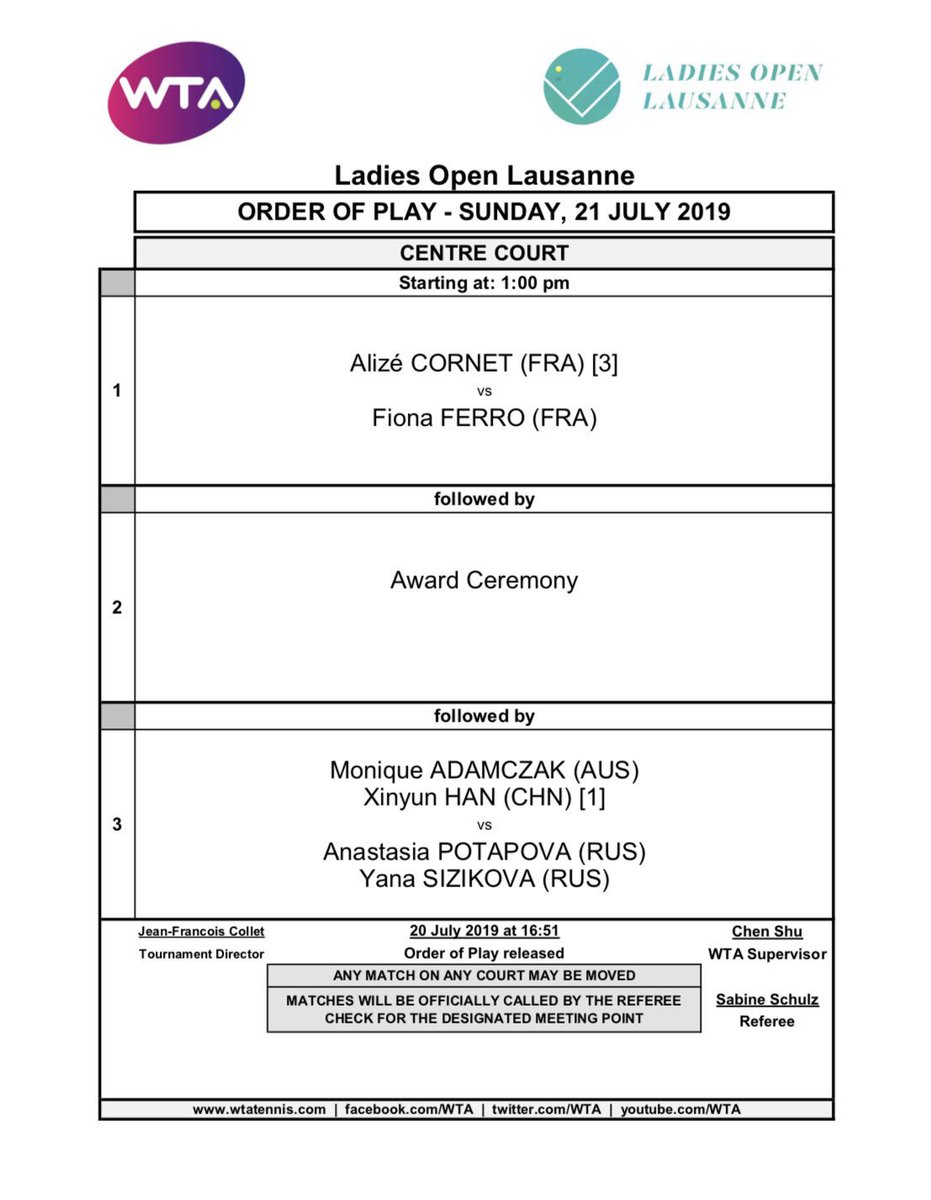 Voici le programme du dimanche 21 juillet au Ladies Open Lausanne ! 🔥
Info et tickets : ladiesopenlausanne.ch