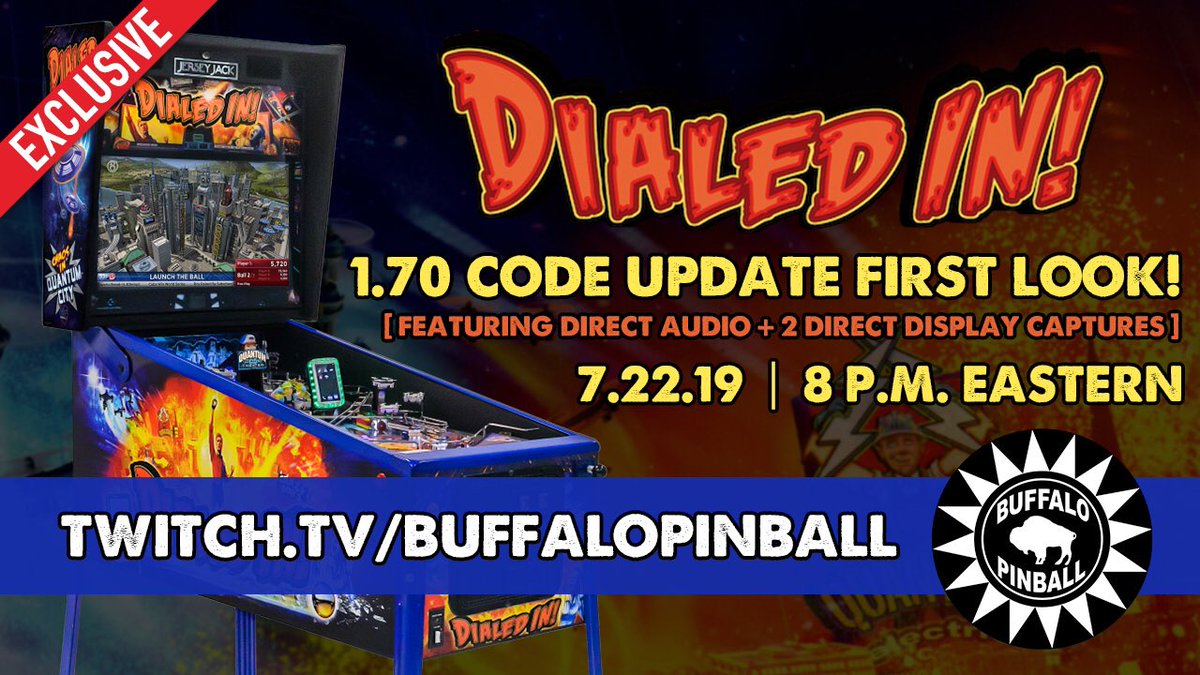 This Monday, our friends at <a href="/BuffaloPinball/">Buffalo Pinball</a> will be streaming <a href="/DialedInPinball/">Dialed In Pinball</a> with the new V1.70 code! Catch the first look of the software on twitch.tv/buffalopinball. Stream starts at 8pm Eastern.
