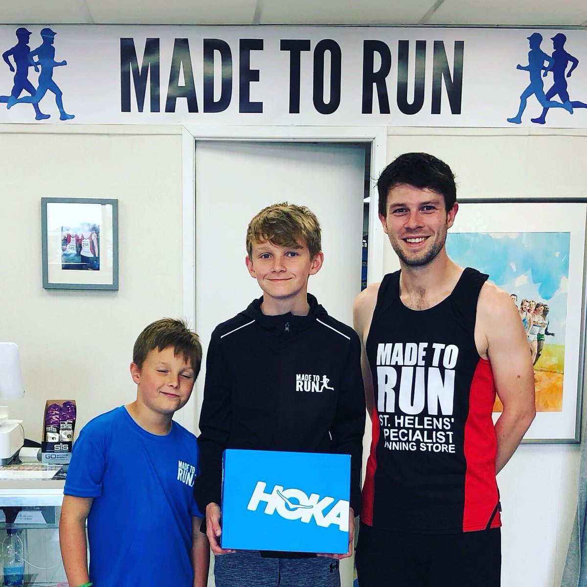 It was great to meet the inspirational <a href="/RunWithGeorgeUK/">Run With George</a> and James this afternoon hopefully his new @HOKAONEONE Rincons will see him through many more miles as he continues his impressive million step challenge, raising money for  #runwithgeorge #madetorun #Sthelens