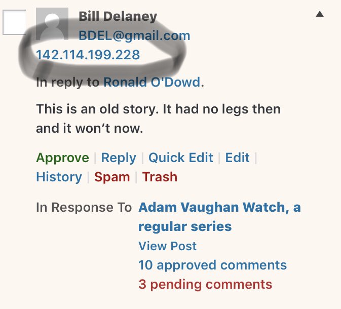 kinsellawarren's tweet photo. Same IP, different names and emails. Both vigorously defending Adam Vaughan. Sloppy, guys. Sloppy. #cdnpoli #lpc https://t.co/Gj98PstmH3