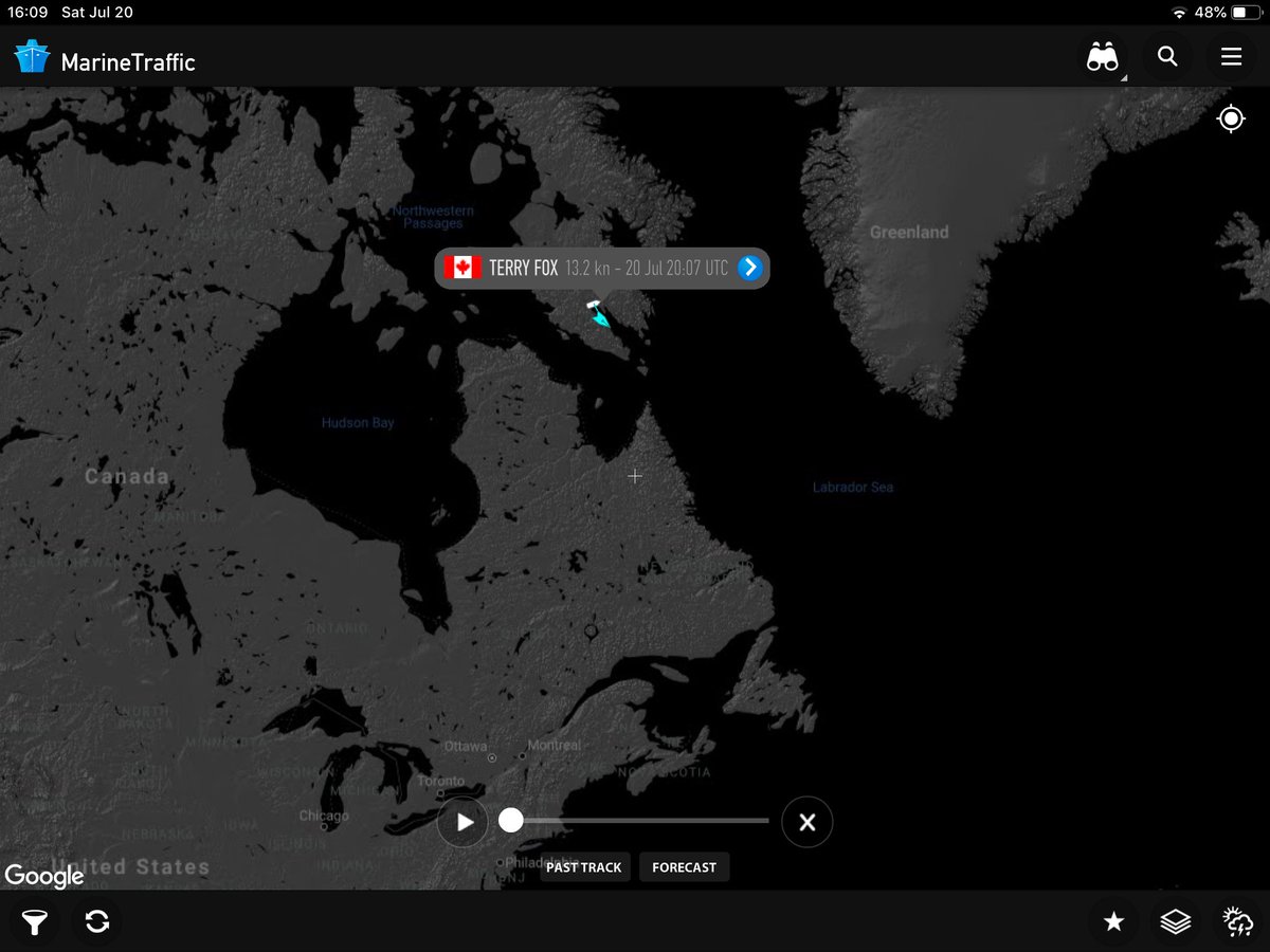 Current position of the CCGS TERRY FOX. 
<a href="/CoastGuardCAN/">Canadian Coast Guard</a> <a href="/MarineTraffic/">MarineTraffic</a> #CCGSTERRYFOX