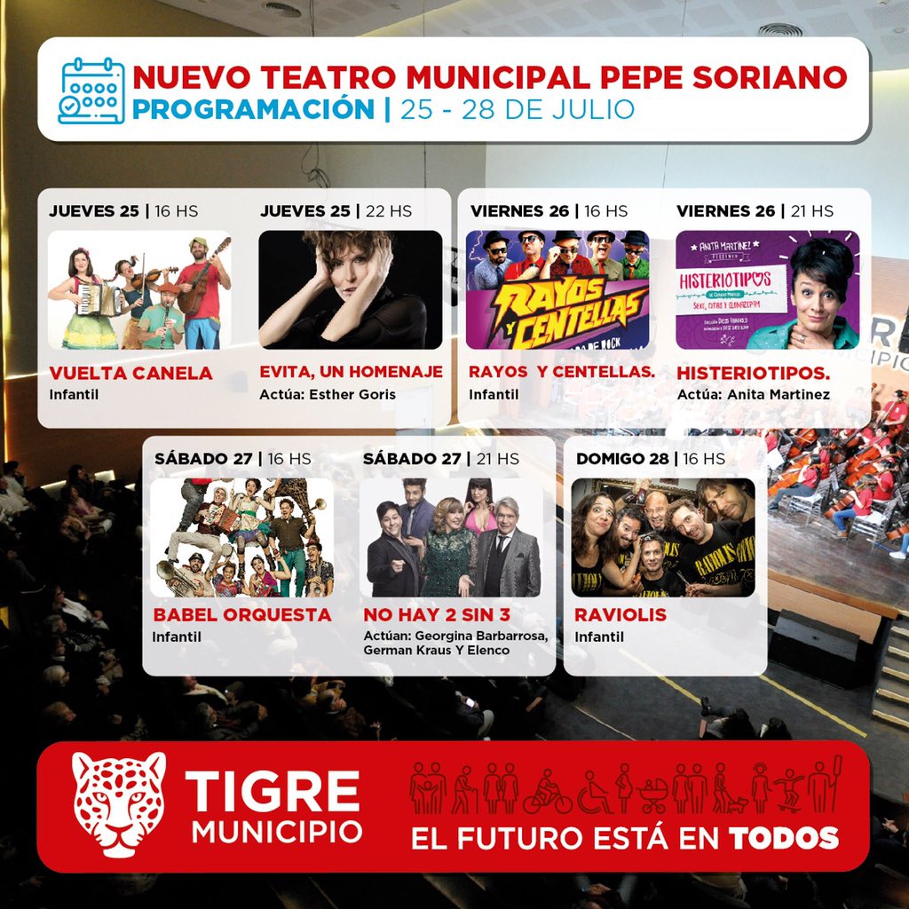 CristianLisera's tweet photo. Nuevo Teatro Municipal "Pepe Soriano" 🎭🐯
Estas vacaciones de invierno, disfrutá de las mejores obras🤩 . @MunicipioTigre #ElFuturoEstaEnTodos https://t.co/nQbgFQ7gl6