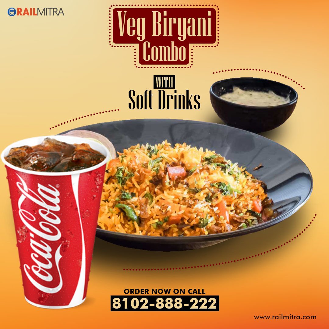 RailmitraaIndia's tweet image. #WeekendWow: Order Veg Biryani Combo With Soft Drink. Book Now, Pay on Delivery or Avail 10% off on Pre-Paid Bookings. Call us to know more at 8102-888-222