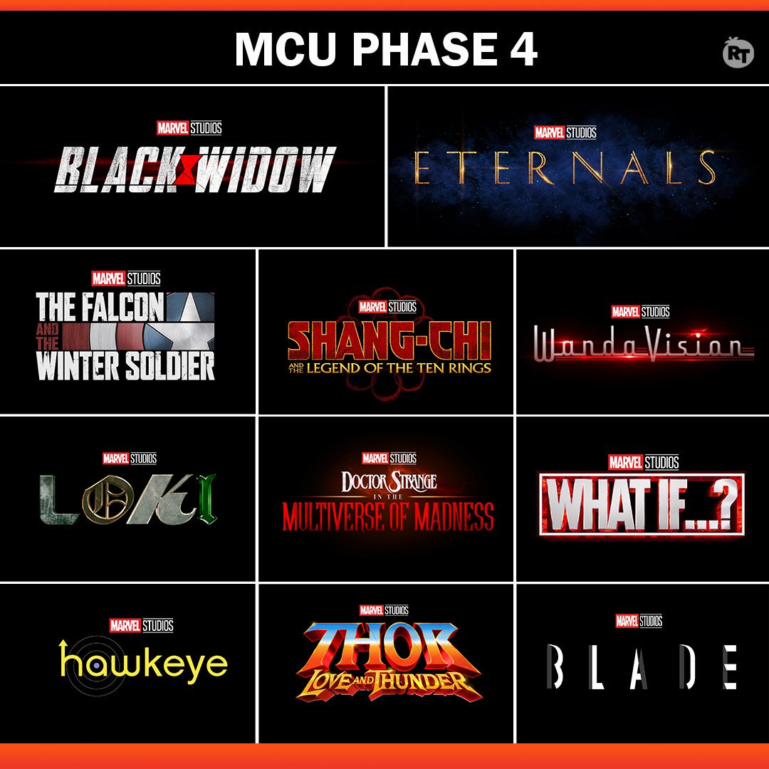 MCU's Phase 4:
#BlackWidow May 1, 2020
#Eternals - Nov 6, 2020
Falcon & The Winter Soldier - Fall 2020
#ShangChi - Feb 12, 2021
#WandaVision - Spring 2021
#Loki - Spring 2021
#DoctorStrange - May 7, 2021
#WhatIf -Summer 2021
#Hawkeye - Fall 2021
#Thor - Nov 5, 2021 
#Blade - TBD