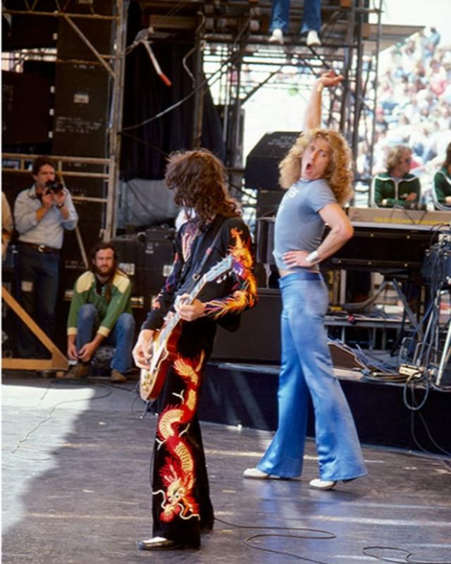 Robert Plant and Jimmy Page performing with Led Zeppelin at the