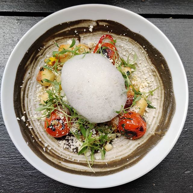 Parisian Gnocchi | Summer squash, tomatoes, corn, fresno pepper, cilantro, huitlacoche, cojita, corn foam 
#summer #gnocchi #summerpasta #timerestaurant #freshpasta
