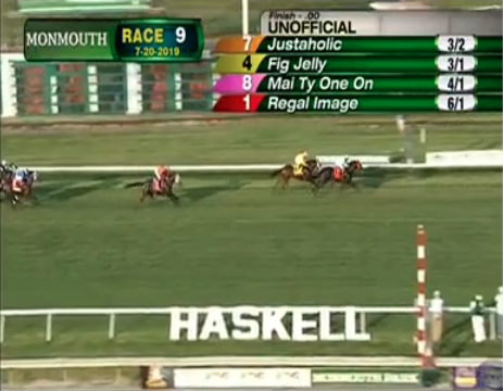Up-and-coming turf sprinter Justaholic stalks, pounces and prevails at 3.70 Betfair Starting Price in <a href="/MonmouthPark/">Monmouth Park</a>'s Wolf Hill S. #NJX #Haskell