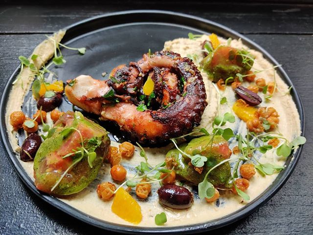 Grilled Octopus | Heirloom tomatoes, chick peas, citrus, marinated kalamata olives, basil 
#summermenu #grilledoctopus #timerestaurant #plates