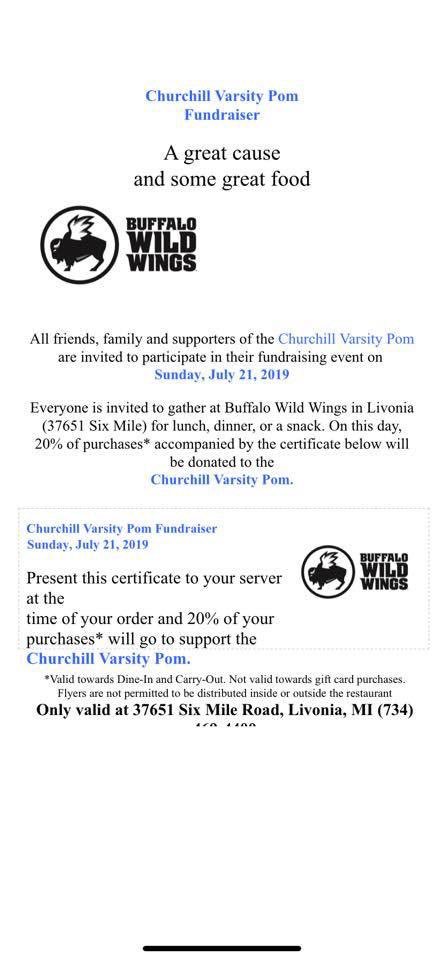 ChurchillPompon's tweet photo. Everybody come support your Churchill Varsity Pom girls tomorrow at Buffalo Wild Wings on 6 mile road!!!!❤️🖤✨✨ https://t.co/86MWm58bZt