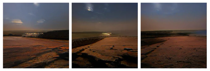 Sunset on the  Shield Wall, a rocky geographic feature that protect the city from the full force of the planet's coriolis storms. 