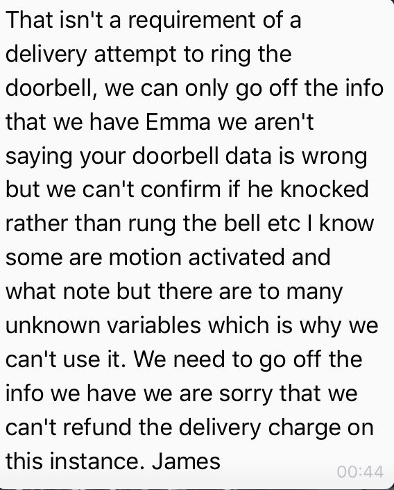 Emma_Phillips79's tweet photo. @boohoo_cshelp I have never heard of a courier not ringing a doorbell when delivering an item. This is simply unacceptable customer service. I have proof the courier didn’t ring it and apparently they’re not obliged to. Is this for real? https://t.co/GGi0I5sZpt