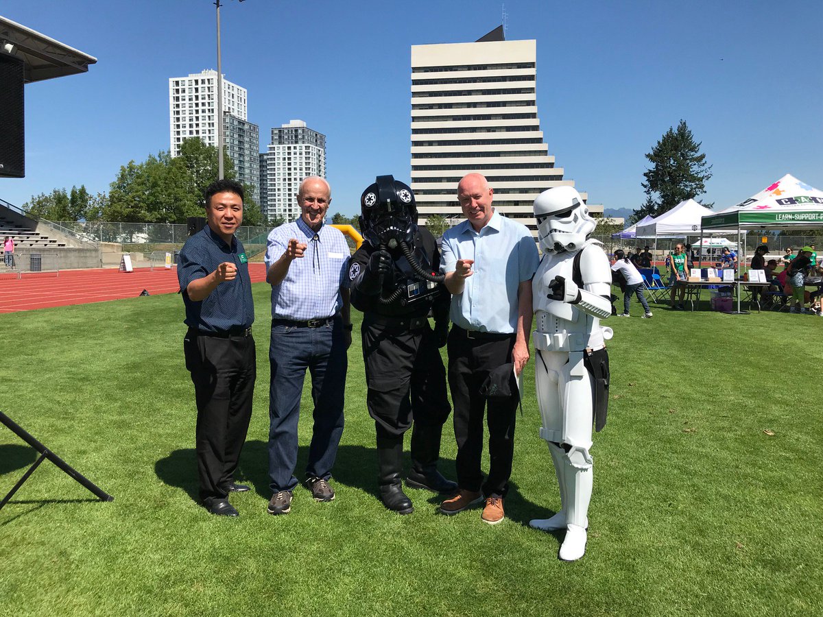 MayorofBurnaby's tweet photo. Mayor Hurley and #Burnaby Councillors James Wang and Paul McDonell had a fun day at Swangard Stadium supporting #CANRelay. It was great to see people of all ages walking, running or wheeling around the track in support of the Canucks Autism Network! @canucksautism https://t.co/9W8p06gu8M