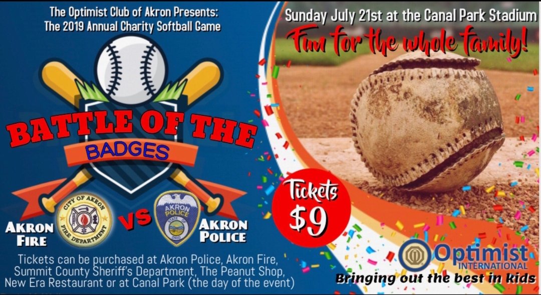 Please join us for the 3rd Annual Battle of the Badges Softball Game tomorrow. $9 ticket gets you into the <a href="/AkronRubberDuck/">Akron RubberDucks</a> game @ 2:05p &amp; APD and AFD Softball game immediately following. We'll see you @ the ballgame!! Funds benefit the Akron Optimist Club for the Akron youth.