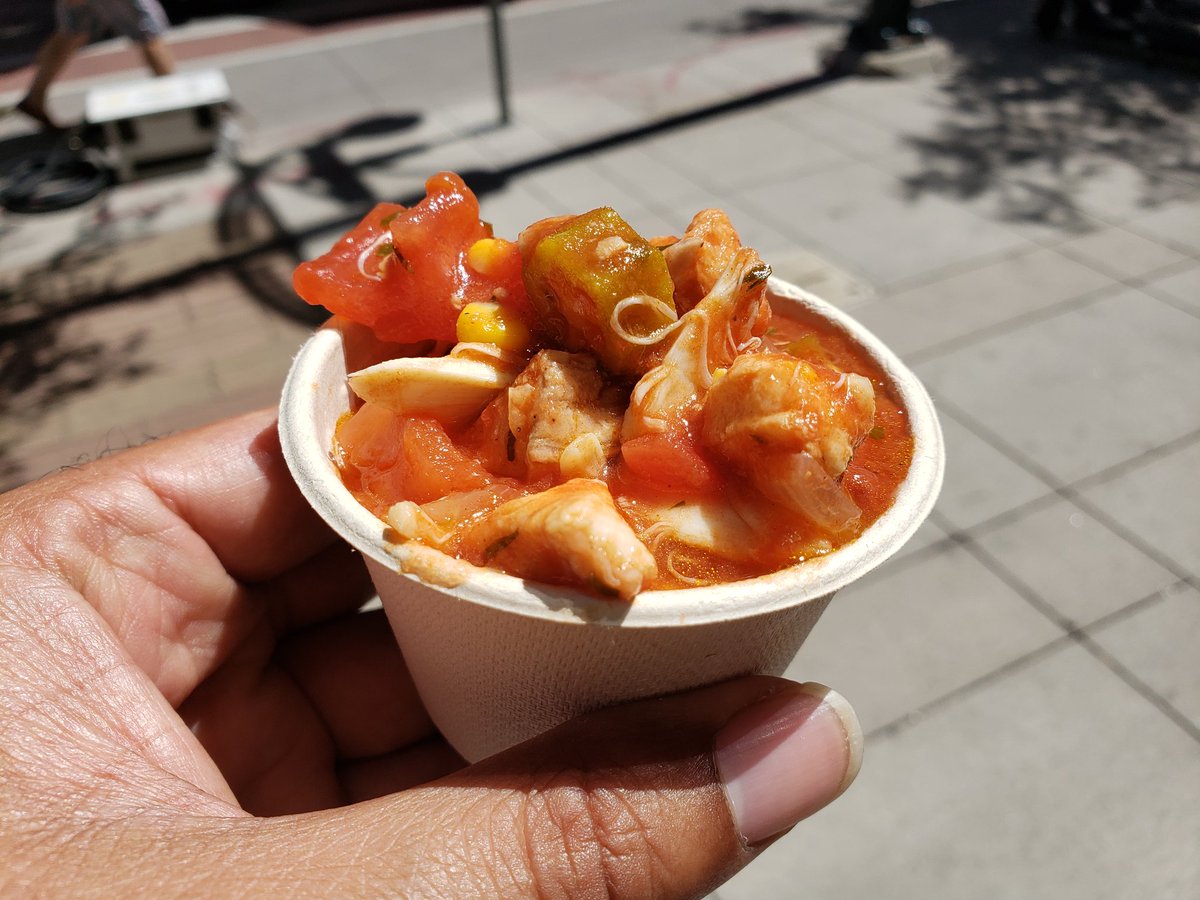 soulfoodscholar's tweet image. People lined up for @chefscholar's #catfish and #crab stew with Jimmy #redcorn #grits sample with some  #hibiscus #aid that I made. #SlowFoodNations2019