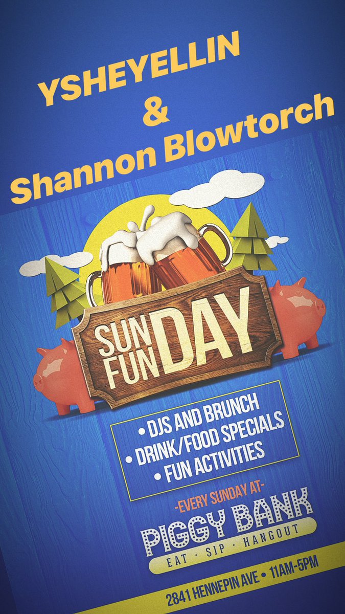 Tomorrow is Sunday Funday at the Piggy Bank! <a href="/YSHEYELLIN/">Mina Moore</a> &amp; I will be providing the tunes. Kick ass drink specials, dog friendly patio, good food, vegan, vegetarian, and meat options! 11-5pm