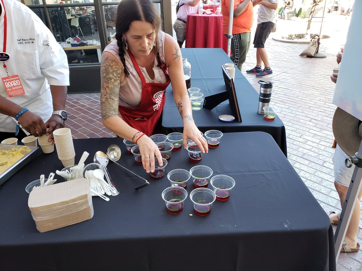 soulfoodscholar's tweet image. People lined up for @chefscholar's #catfish and #crab stew with Jimmy #redcorn #grits sample with some  #hibiscus #aid that I made. #SlowFoodNations2019